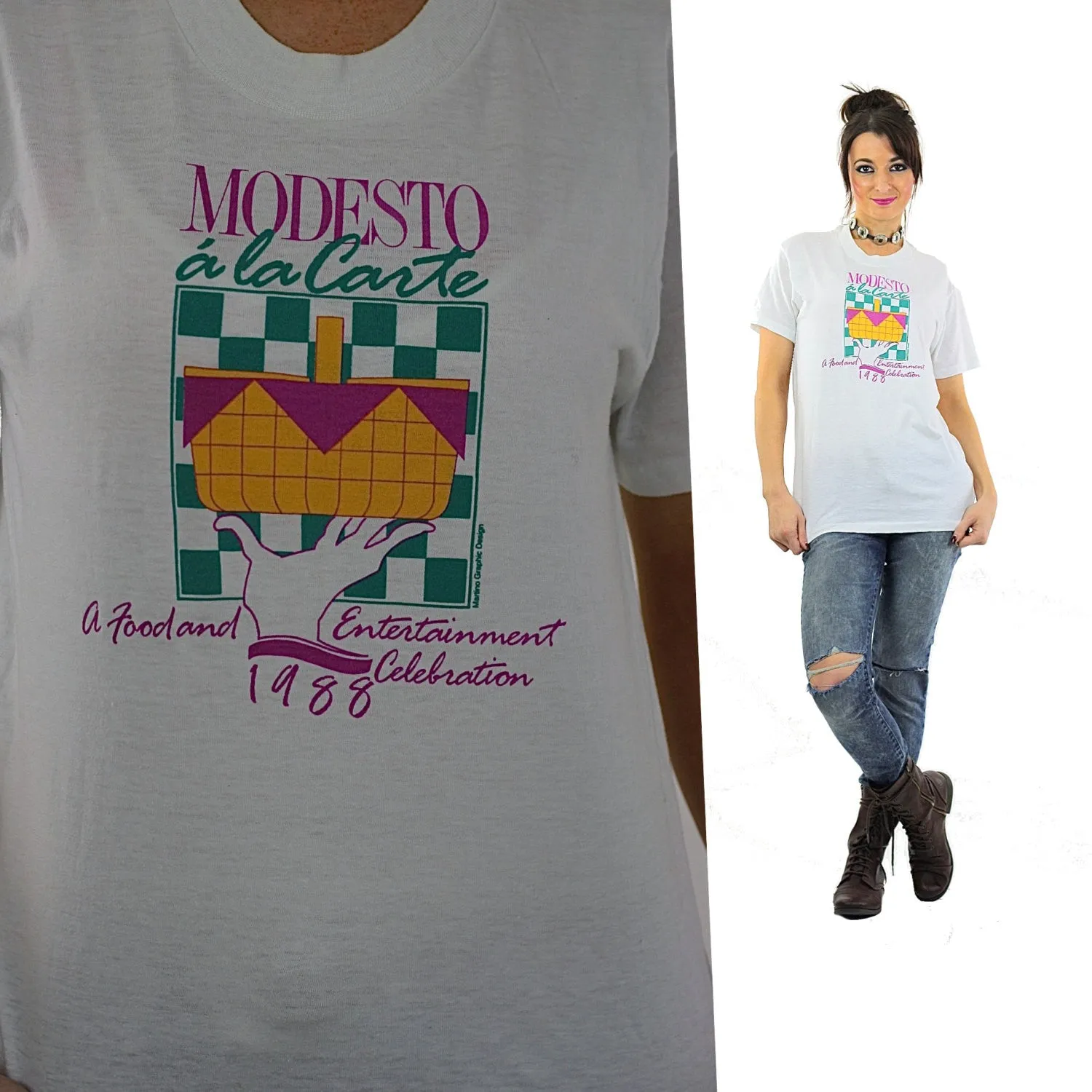 Retro tee shirt Vintage 80s graphic tee white oversize unisex Modesto a la Carte print L