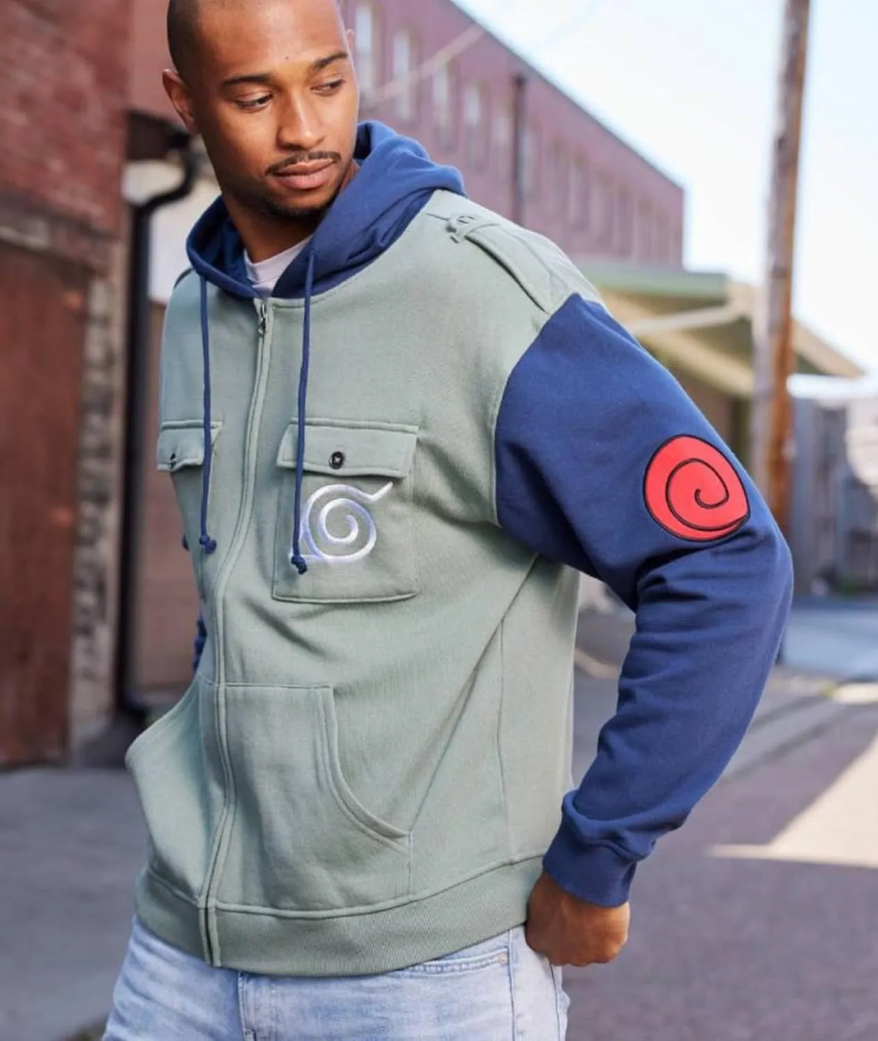 Ripple Junction Naruto Shippuden Men's Authentic Full Zip Hooded Sweatshirt w/Chest Pockets Epaulettes Officially Licensed
