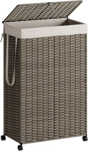 Rolling Laundry Hamper with Wheels and Lid, 90L Slim Laundry Basket with Removable Bag, Foldable Handwoven Rattan Laundry Sorter, Narrow Dirty Clothes Basket Organizer, No Assembly, Grey