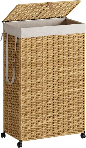 Rolling Laundry Hamper with Wheels and Lid, 90L Slim Laundry Basket with Removable Bag, Foldable Handwoven Rattan Laundry Sorter, Narrow Dirty Clothes Basket Organizer, No Assembly, Natural