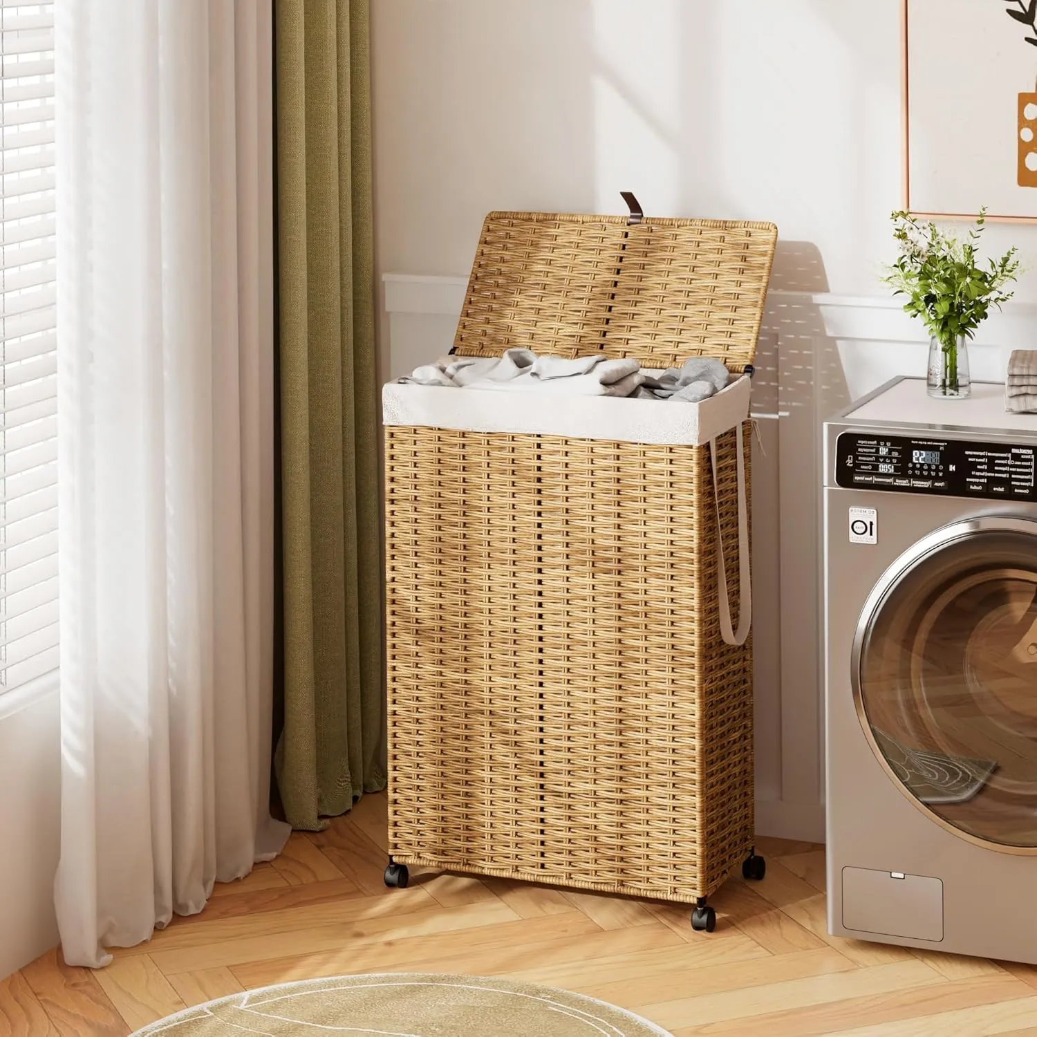 Rolling Laundry Hamper with Wheels and Lid, 90L Slim Laundry Basket with Removable Bag, Foldable Handwoven Rattan Laundry Sorter, Narrow Dirty Clothes Basket Organizer, No Assembly, Natural