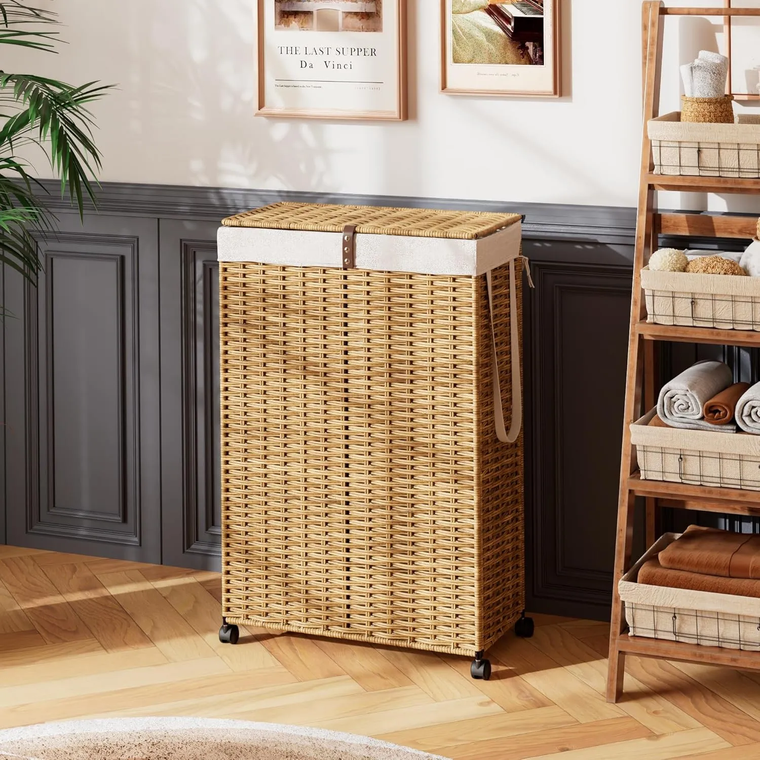 Rolling Laundry Hamper with Wheels and Lid, 90L Slim Laundry Basket with Removable Bag, Foldable Handwoven Rattan Laundry Sorter, Narrow Dirty Clothes Basket Organizer, No Assembly, Natural