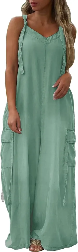 Rompers for Women Loose Fit Oversized Wide Leg Jumpsuit Boho Flowy Long Palazzo Pants Summer Rompers with Pockets