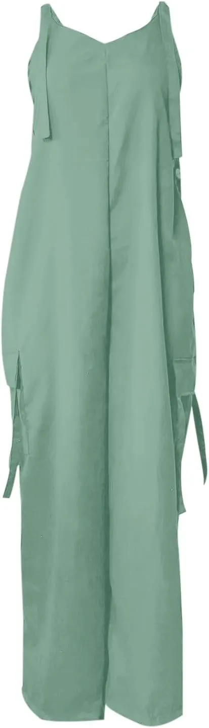 Rompers for Women Loose Fit Oversized Wide Leg Jumpsuit Boho Flowy Long Palazzo Pants Summer Rompers with Pockets