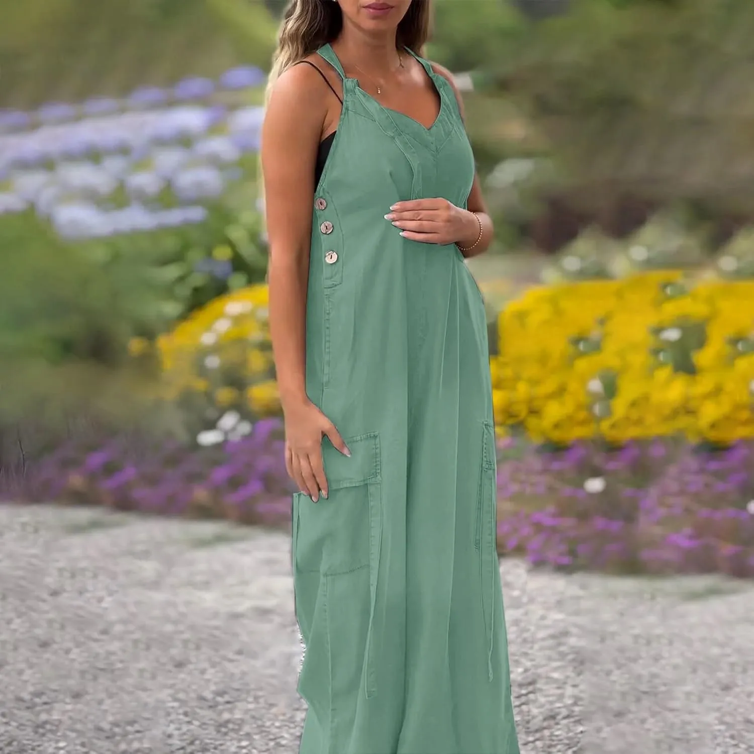 Rompers for Women Loose Fit Oversized Wide Leg Jumpsuit Boho Flowy Long Palazzo Pants Summer Rompers with Pockets