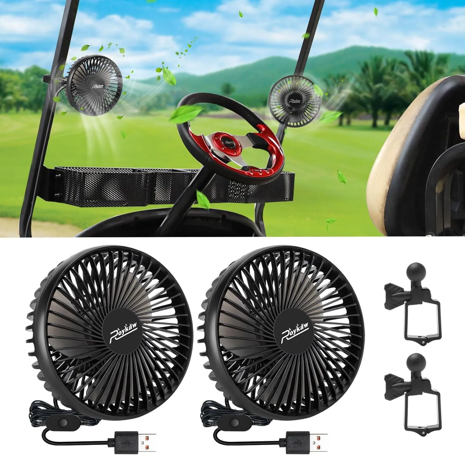 Roykaw Golf Cart Fan Portable USB Input Compatible with EZGO Club Car Yamaha, 3-Speed Settings, 360 Degree Rotation, Long Lasting, Low Noise Designed, Quick Release & Won't Fall Off