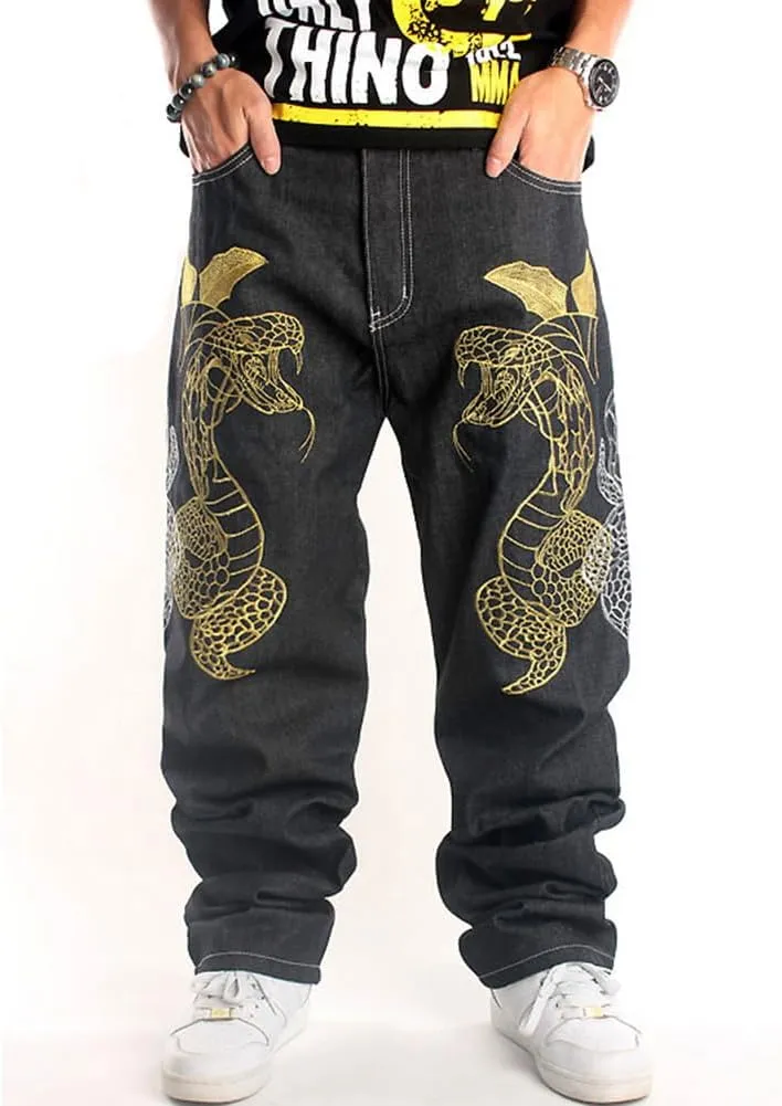 Ruiatoo Mens Jeans Fashion Skateboard Pants Snake Embroidery Baggy Jeans Hip Hop Denim Black Trousers