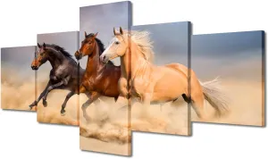 Running Horses Modern Canvas Painting for Living Room Canvas Wall Art Prints Desert Running Horses Pictures 5 Piece Set Modern Home Decor Wooden Framed Poster for Office Ready to Hang - 50"W x 24"H