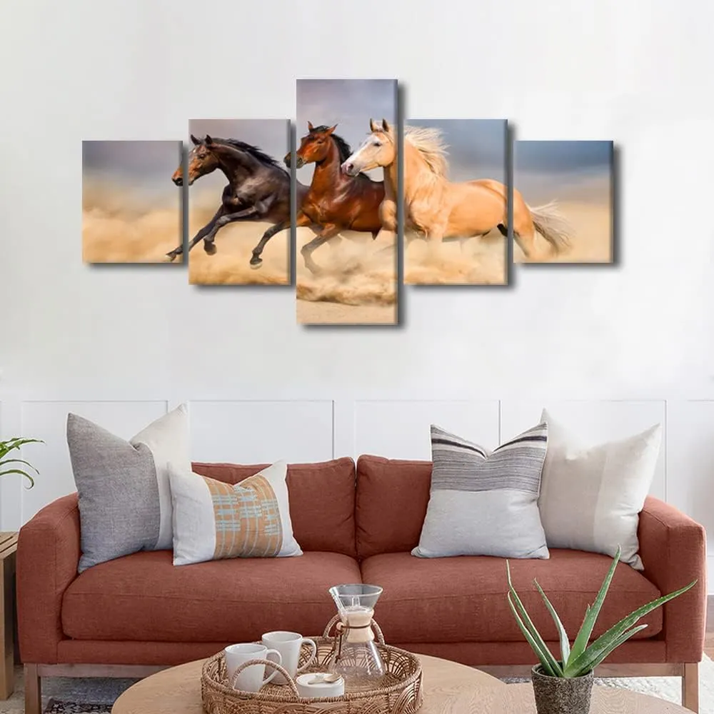 Running Horses Modern Canvas Painting for Living Room Canvas Wall Art Prints Desert Running Horses Pictures 5 Piece Set Modern Home Decor Wooden Framed Poster for Office Ready to Hang - 50"W x 24"H