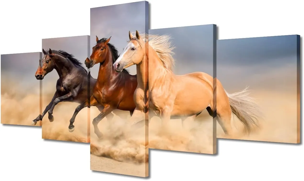 Running Horses Modern Canvas Painting for Living Room Canvas Wall Art Prints Desert Running Horses Pictures 5 Piece Set Modern Home Decor Wooden Framed Poster for Office Ready to Hang - 50"W x 24"H