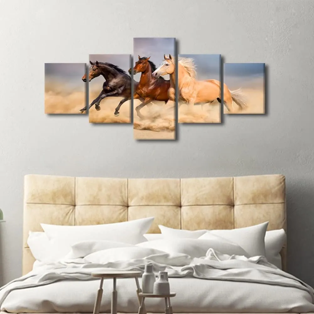 Running Horses Modern Canvas Painting for Living Room Canvas Wall Art Prints Desert Running Horses Pictures 5 Piece Set Modern Home Decor Wooden Framed Poster for Office Ready to Hang - 50"W x 24"H