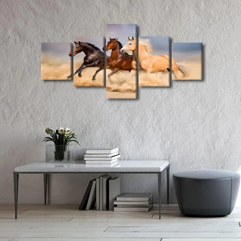 Running Horses Modern Canvas Painting for Living Room Canvas Wall Art Prints Desert Running Horses Pictures 5 Piece Set Modern Home Decor Wooden Framed Poster for Office Ready to Hang - 50"W x 24"H