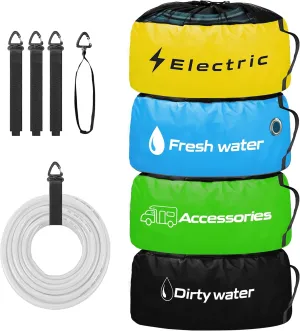 RV Storage and Organization Bag 4 Pack Camper Waterproof RV Accessories Storage and Organizer Bags for Sewer Hoses, Fresh & Waste Water Hoses, Electrical Cords (black/blue/yellow/green)