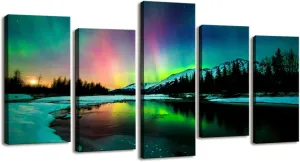 S01927 5 Pieces Wall Art Aurora scenery Painting on Canvas Stretched and Framed Canvas Paintings Ready to Hang for Home Decorations Wall Decor