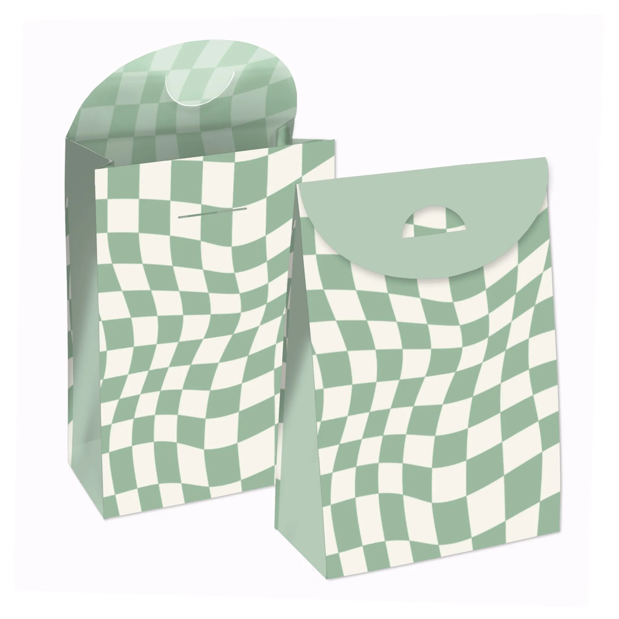 Sage Green Checkered Goodie Bags - 12 Ct