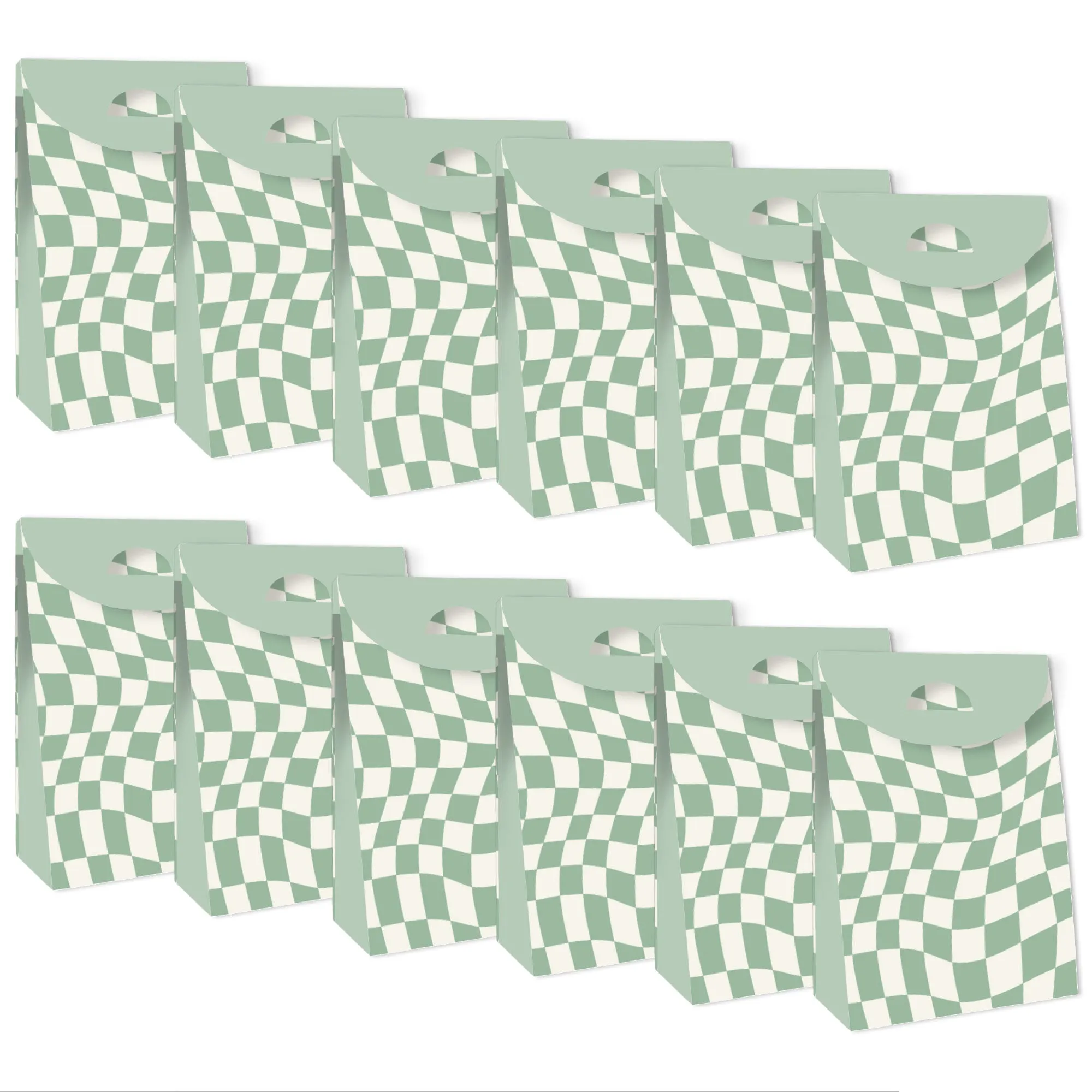 Sage Green Checkered Goodie Bags - 12 Ct
