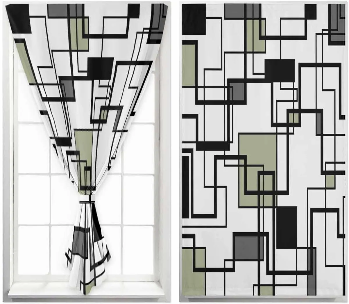 Sage Green Geometric Self Adhesive Blackout Curtains with Tiebacks,Portable Rod Pocket Living Room Darkening Curtains,Simple Black Gray Abstract Striped Thermal Insulated Windows Cover,35Wx63H