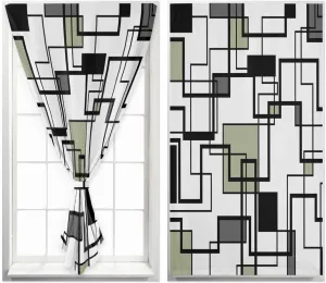 Sage Green Geometric Self Adhesive Blackout Curtains with Tiebacks,Portable Rod Pocket Living Room Darkening Curtains,Simple Black Gray Abstract Striped Thermal Insulated Windows Cover,35Wx63H