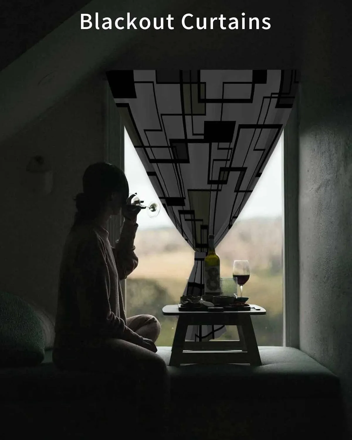 Sage Green Geometric Self Adhesive Blackout Curtains with Tiebacks,Portable Rod Pocket Living Room Darkening Curtains,Simple Black Gray Abstract Striped Thermal Insulated Windows Cover,35Wx63H