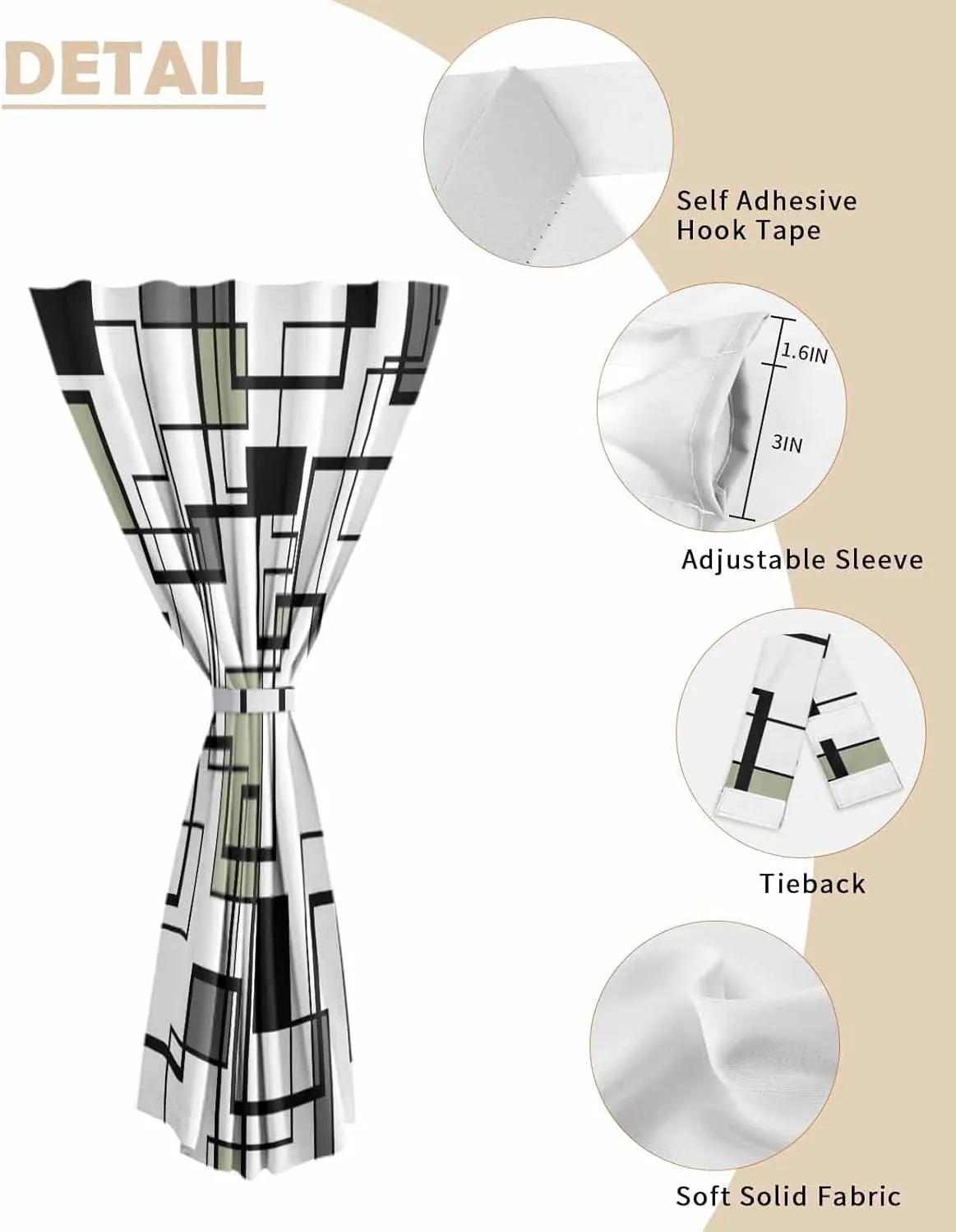 Sage Green Geometric Self Adhesive Blackout Curtains with Tiebacks,Portable Rod Pocket Living Room Darkening Curtains,Simple Black Gray Abstract Striped Thermal Insulated Windows Cover,35Wx63H