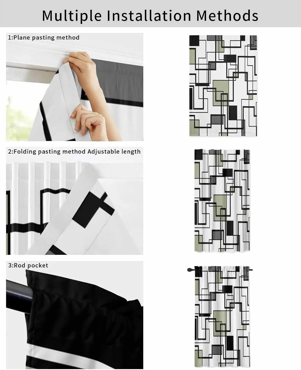 Sage Green Geometric Self Adhesive Blackout Curtains with Tiebacks,Portable Rod Pocket Living Room Darkening Curtains,Simple Black Gray Abstract Striped Thermal Insulated Windows Cover,35Wx63H