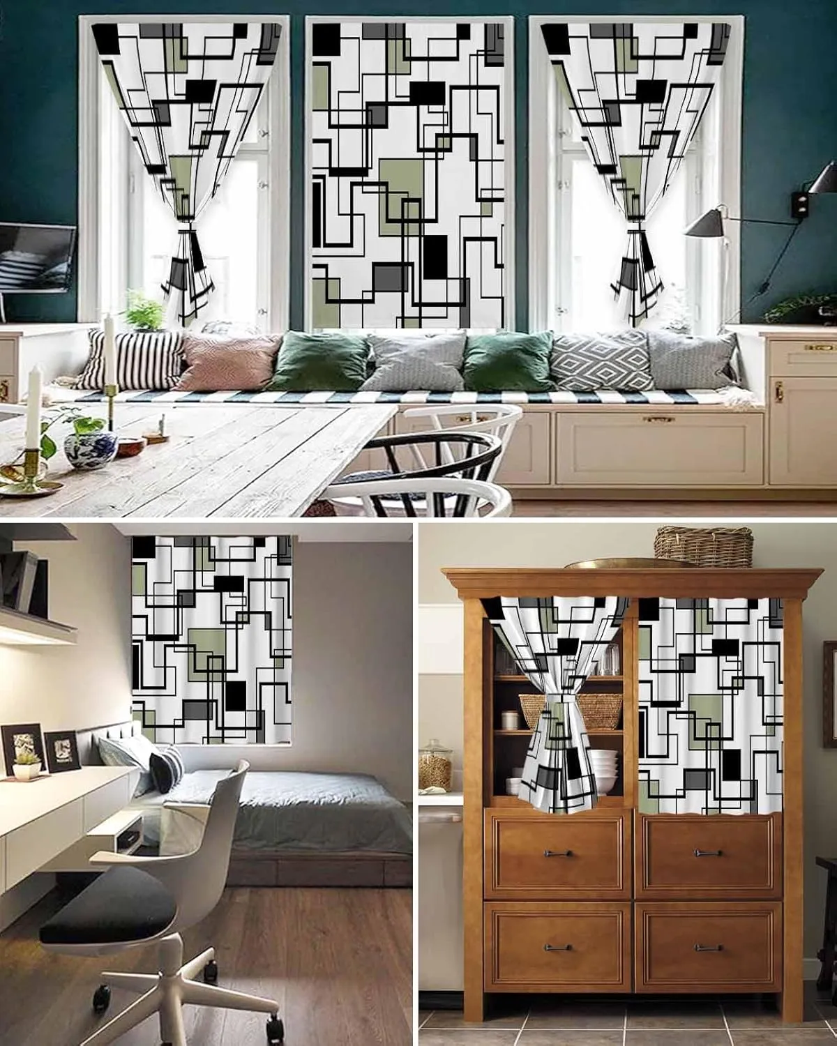 Sage Green Geometric Self Adhesive Blackout Curtains with Tiebacks,Portable Rod Pocket Living Room Darkening Curtains,Simple Black Gray Abstract Striped Thermal Insulated Windows Cover,35Wx63H