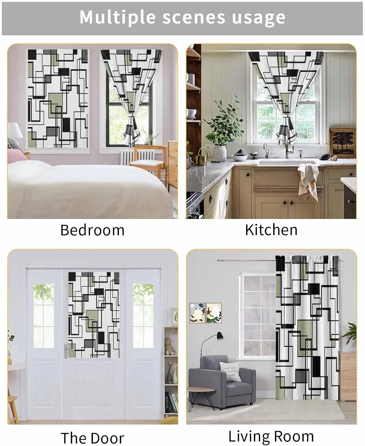 Sage Green Geometric Self Adhesive Blackout Curtains with Tiebacks,Portable Rod Pocket Living Room Darkening Curtains,Simple Black Gray Abstract Striped Thermal Insulated Windows Cover,35Wx63H