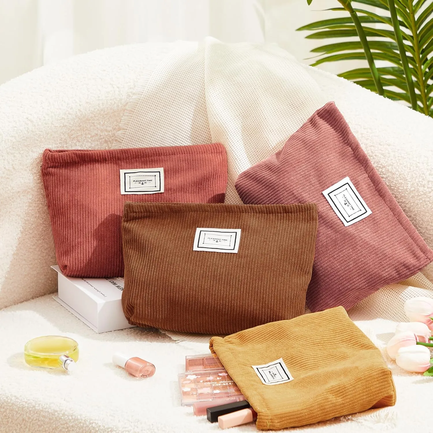 Sanwuta 4 Pack Velvet Makeup Bag Cosmetic Bag for Women Large Capacity Corduroy Pouch Zipper Canvas Travel Toiletry Purse Make up Organizer Case Accessories(Yellow Brown Series,Plaid)