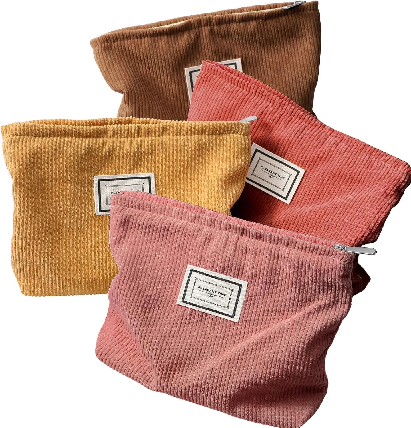 Sanwuta 4 Pack Velvet Makeup Bag Cosmetic Bag for Women Large Capacity Corduroy Pouch Zipper Canvas Travel Toiletry Purse Make up Organizer Case Accessories(Yellow Brown Series,Plaid)