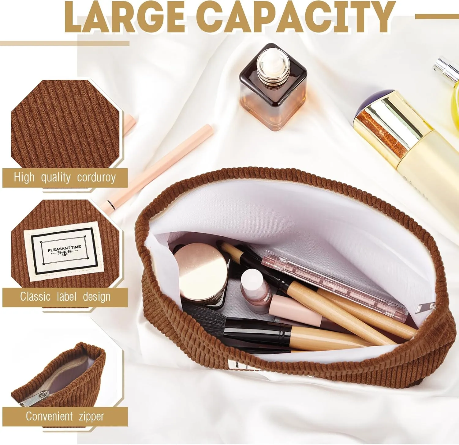 Sanwuta 4 Pack Velvet Makeup Bag Cosmetic Bag for Women Large Capacity Corduroy Pouch Zipper Canvas Travel Toiletry Purse Make up Organizer Case Accessories(Yellow Brown Series,Plaid)