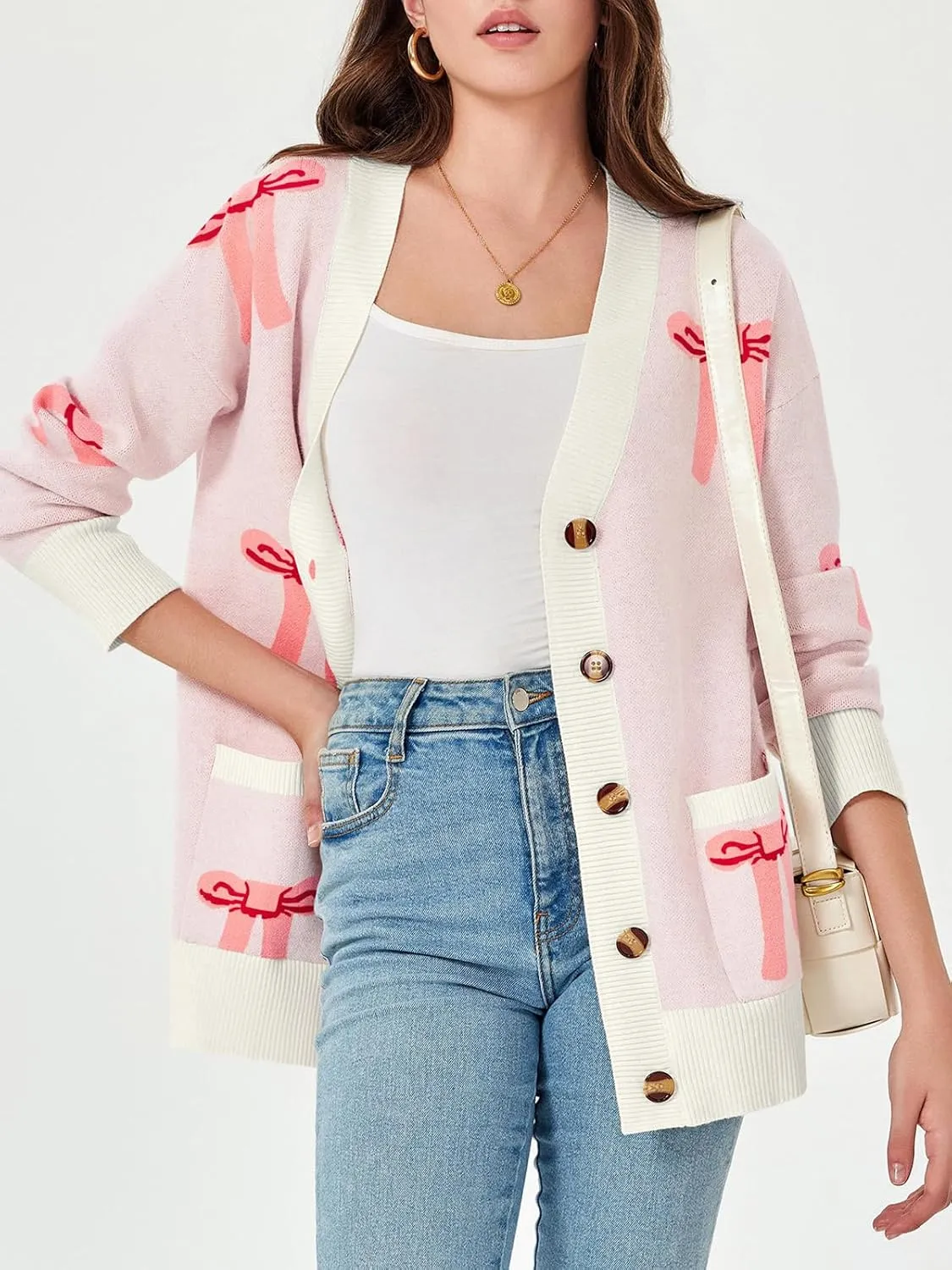 Saodimallsu Womens Oversized Cardigan Sweaters Bow Printed Button V Neck Long Sleeve Loose Knit Fall Trendy Coats