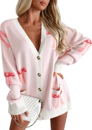 Saodimallsu Womens Oversized Cardigan Sweaters Bow Printed Button V Neck Long Sleeve Loose Knit Fall Trendy Coats