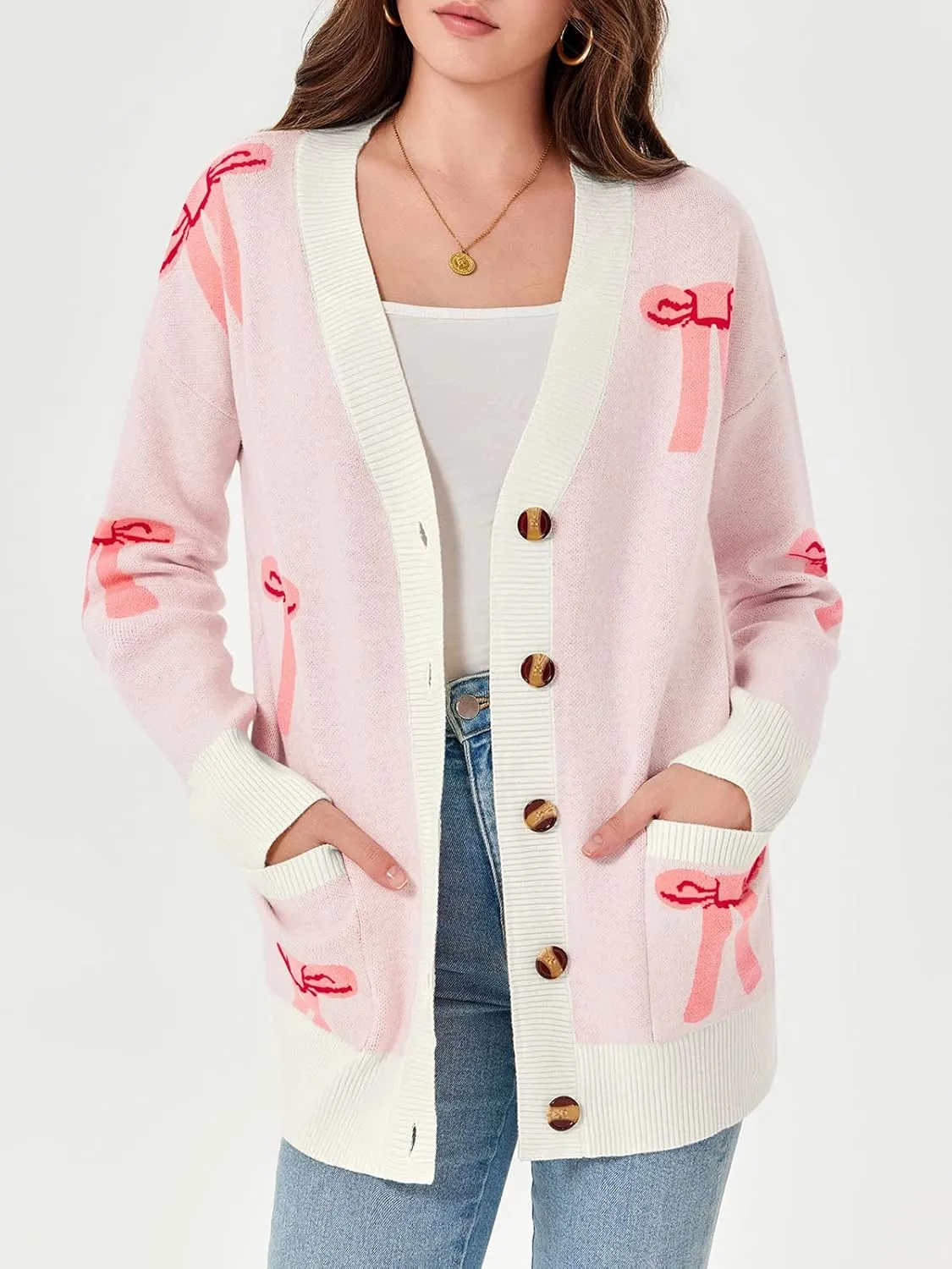 Saodimallsu Womens Oversized Cardigan Sweaters Bow Printed Button V Neck Long Sleeve Loose Knit Fall Trendy Coats