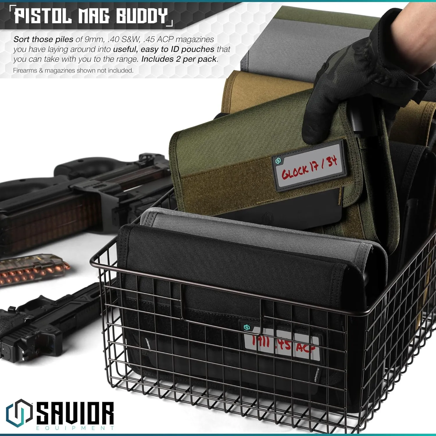 Savior Equipment Mag Buddy 2-Pack Tactical Pistol Mag Pouch Hold Up to 5 Standard Single/Double Stack Magazine, Handgun Magazine Organizer Holder Transportation Carrier, 4 of ID Patches Included