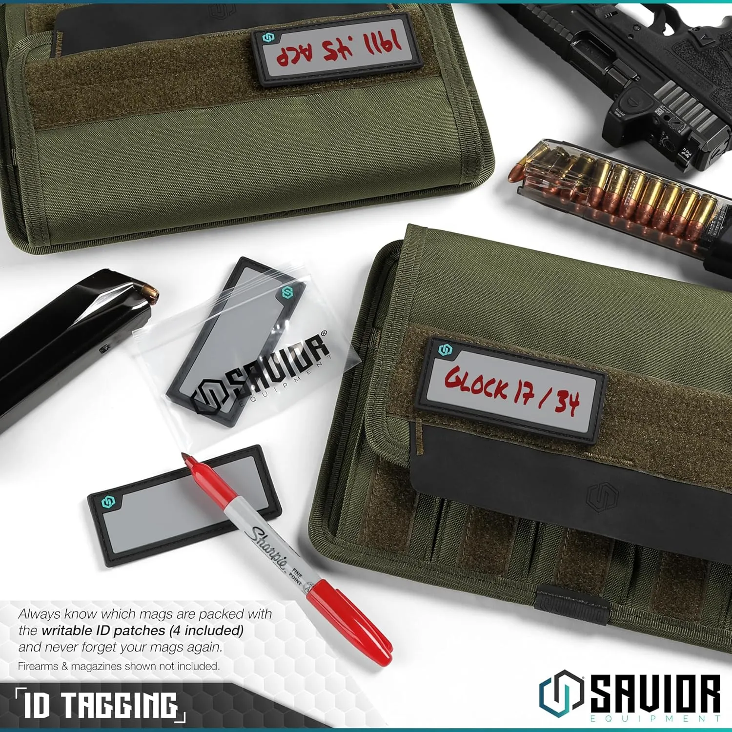 Savior Equipment Mag Buddy 2-Pack Tactical Pistol Mag Pouch Hold Up to 5 Standard Single/Double Stack Magazine, Handgun Magazine Organizer Holder Transportation Carrier, 4 of ID Patches Included