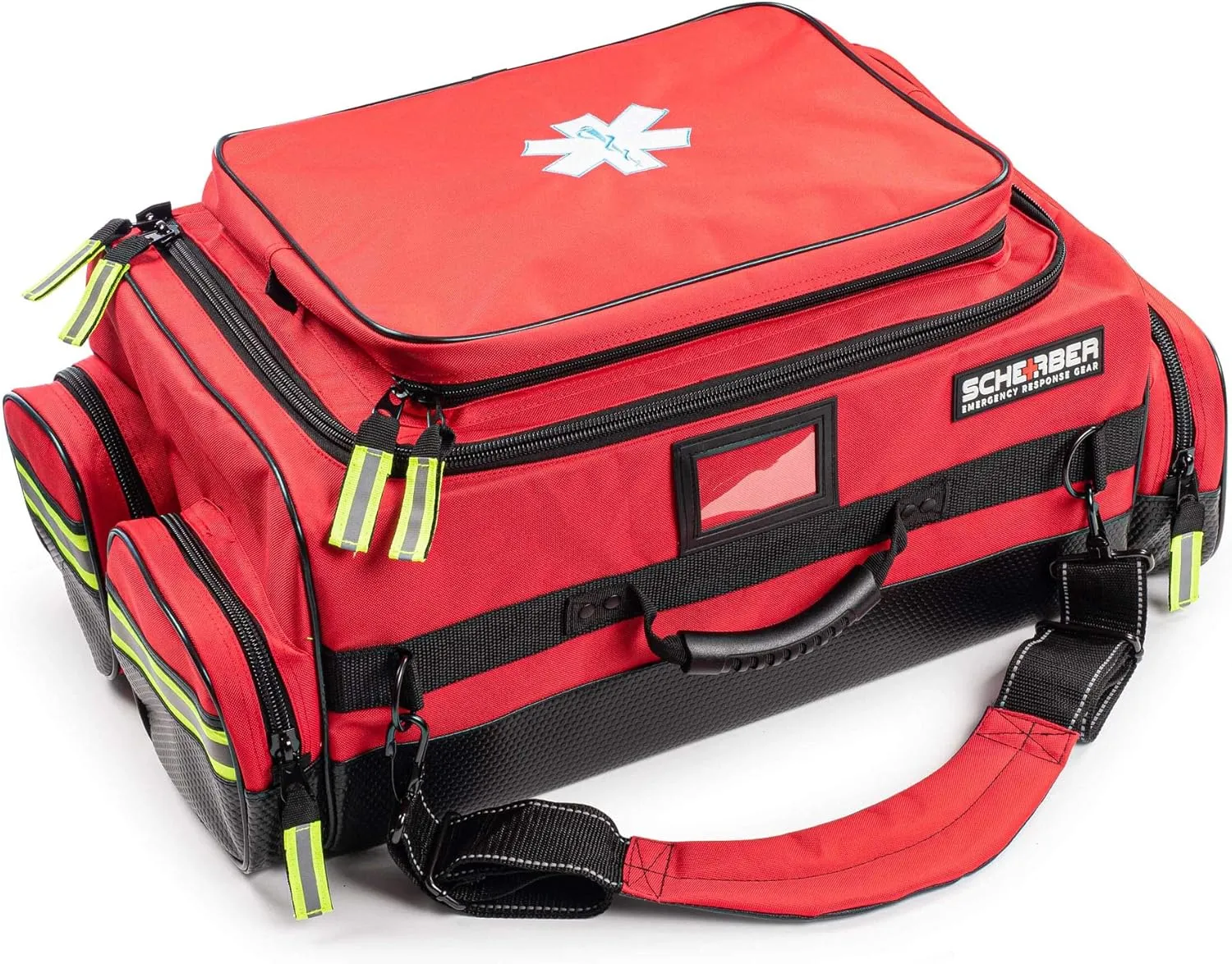 Scherber First Responder O2 Bag | Ultimate Professional EMT/EMS Trauma Oxygen Kit | Durable Reflective 600D Water Repellant Bag w/10  Compartments, Zippered Pockets, Dividers & Padded Strap | XL - Red