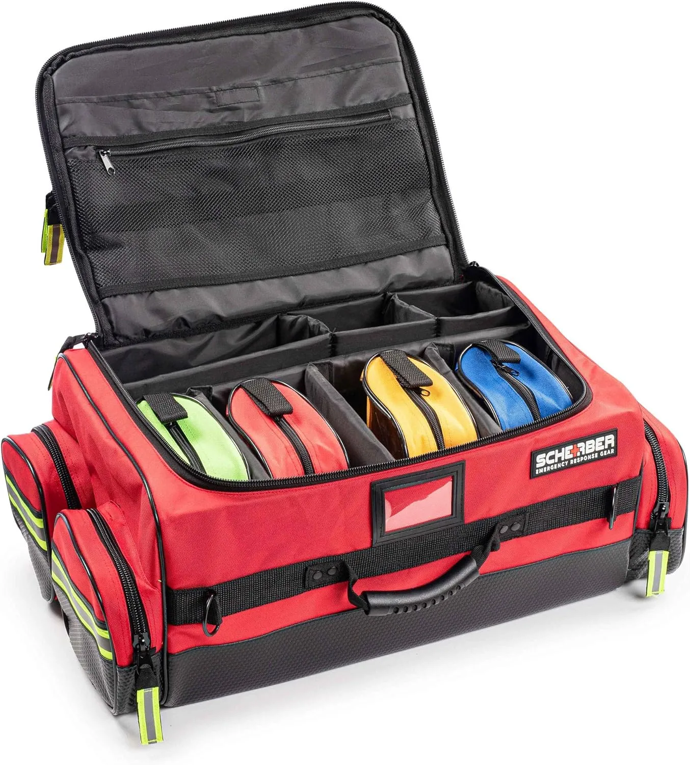 Scherber First Responder O2 Bag | Ultimate Professional EMT/EMS Trauma Oxygen Kit | Durable Reflective 600D Water Repellant Bag w/10  Compartments, Zippered Pockets, Dividers & Padded Strap | XL - Red