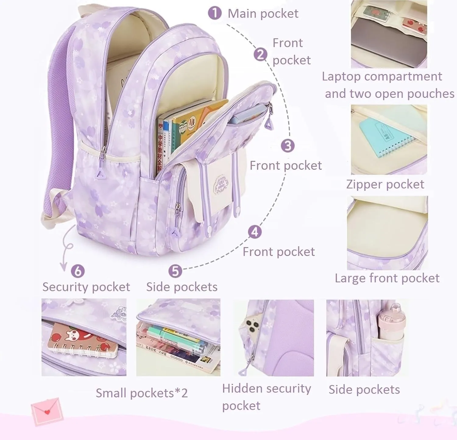 School Backpack for Teens Girls Kids Backpack for Girls Elementary School Multi Pocket Bookbag Purple