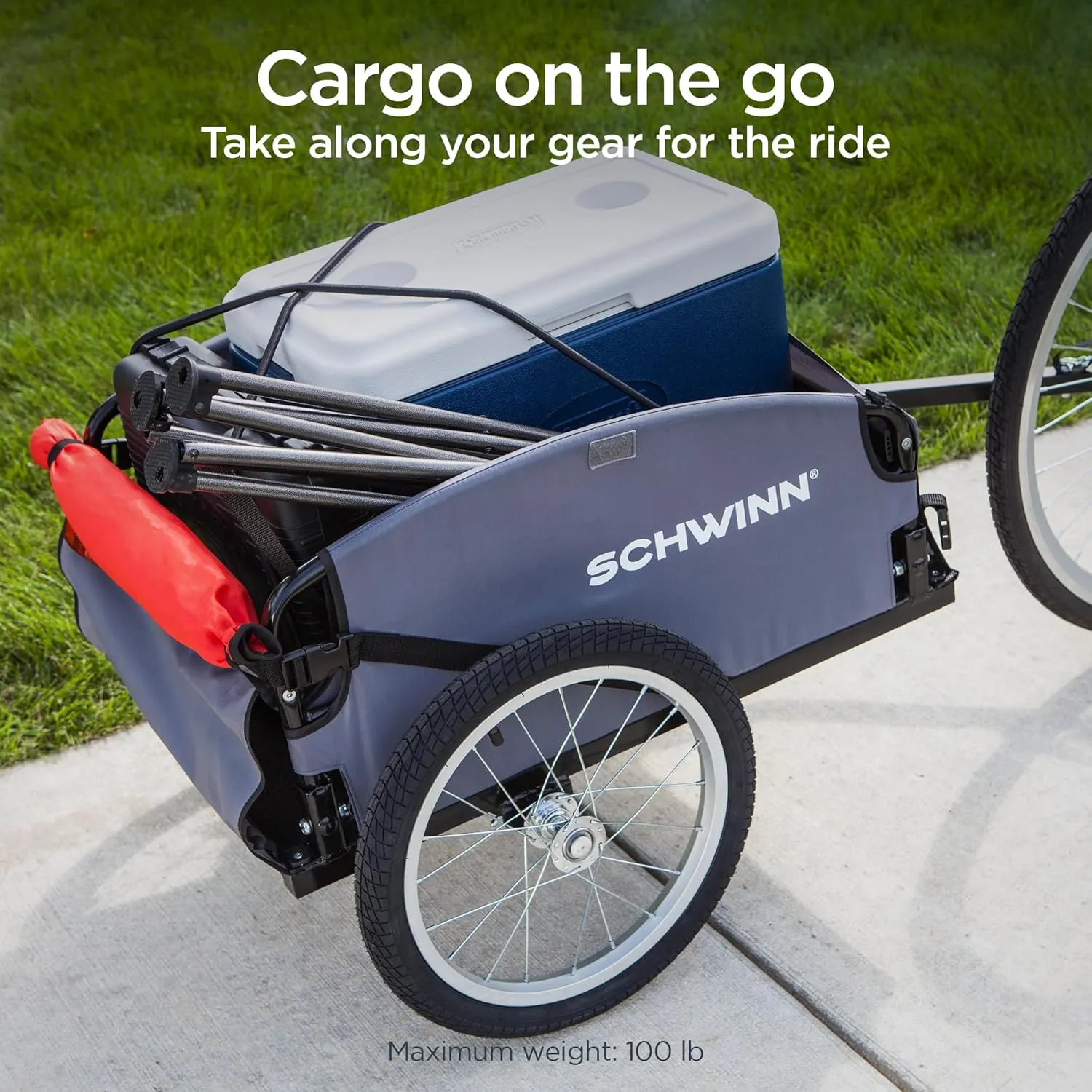 Schwinn Daytripper and Porter Cargo Bike Trailer, 100 lbs. Max Weight Capacity, Collapsible Frame, Tow Behind Rear Trailer, Air-Filled Tires, Not for Kids or Animals, Bicycle Accessories