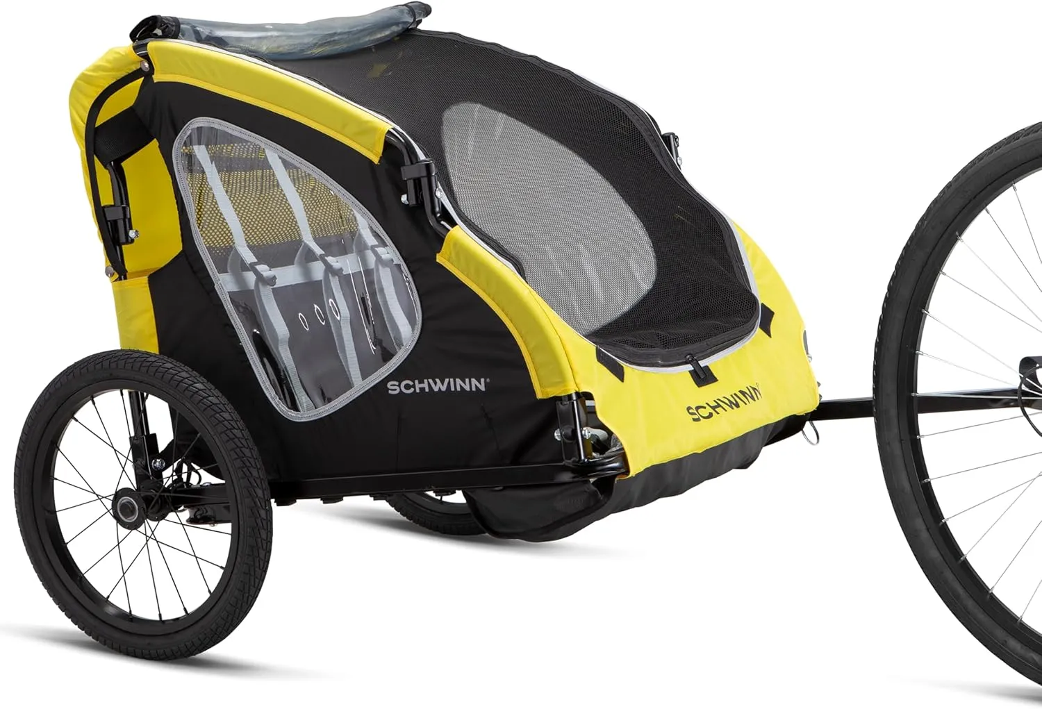 Schwinn Prescott Bike Trailer for Kids, Lightweight Tow with Bicycle, 2 Seats, 80 lb max, Yellow