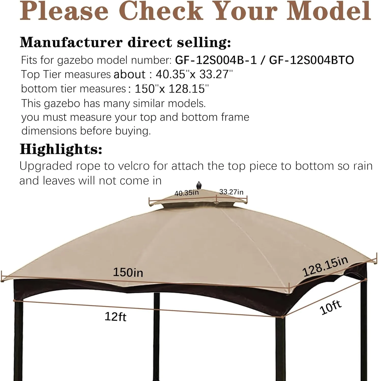 SCOCANOPY Light Beige Replacement Top for Lowe's Allen Roth 10X12 Gazebo Model #GF-12S004B-1/#GF-12S004BTO/#TPGAZ17-002C