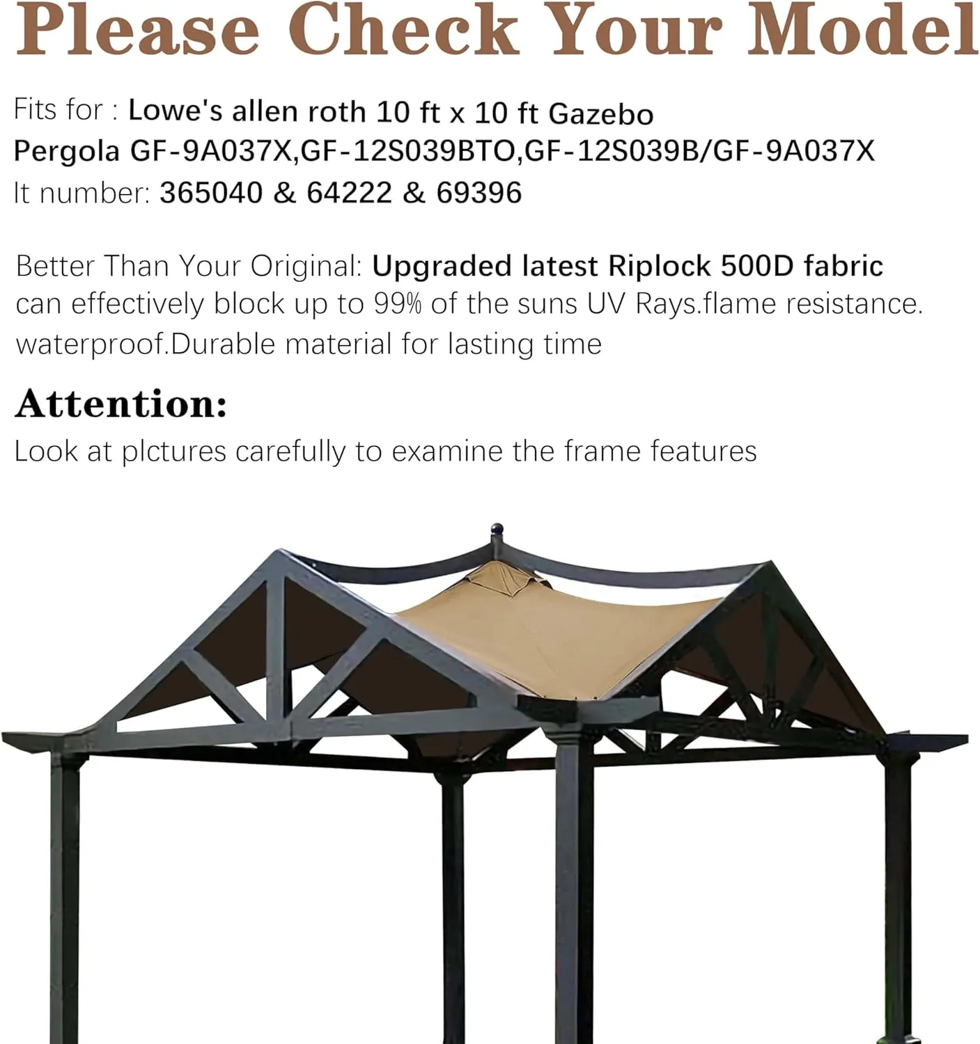 SCOCANOPY Replacement Top Fit for Lowe's Allen Roth 10X10 Ft Gazebo Model #GF-12S039B / GF-9A037X,(Beige)