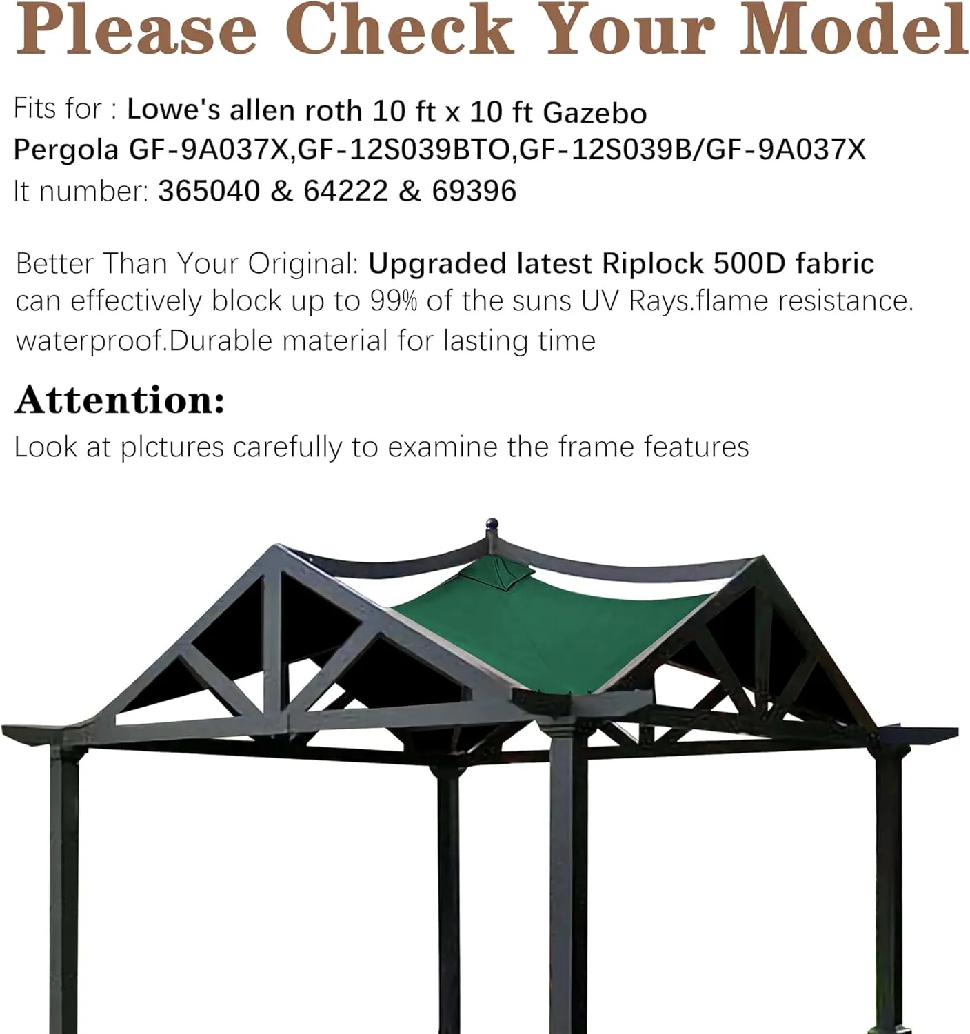 SCOCANOPY Replacement Top Fit for Lowe's Allen Roth 10X10 Ft Gazebo Model #GF-12S039B / GF-9A037X,(Forest Green)