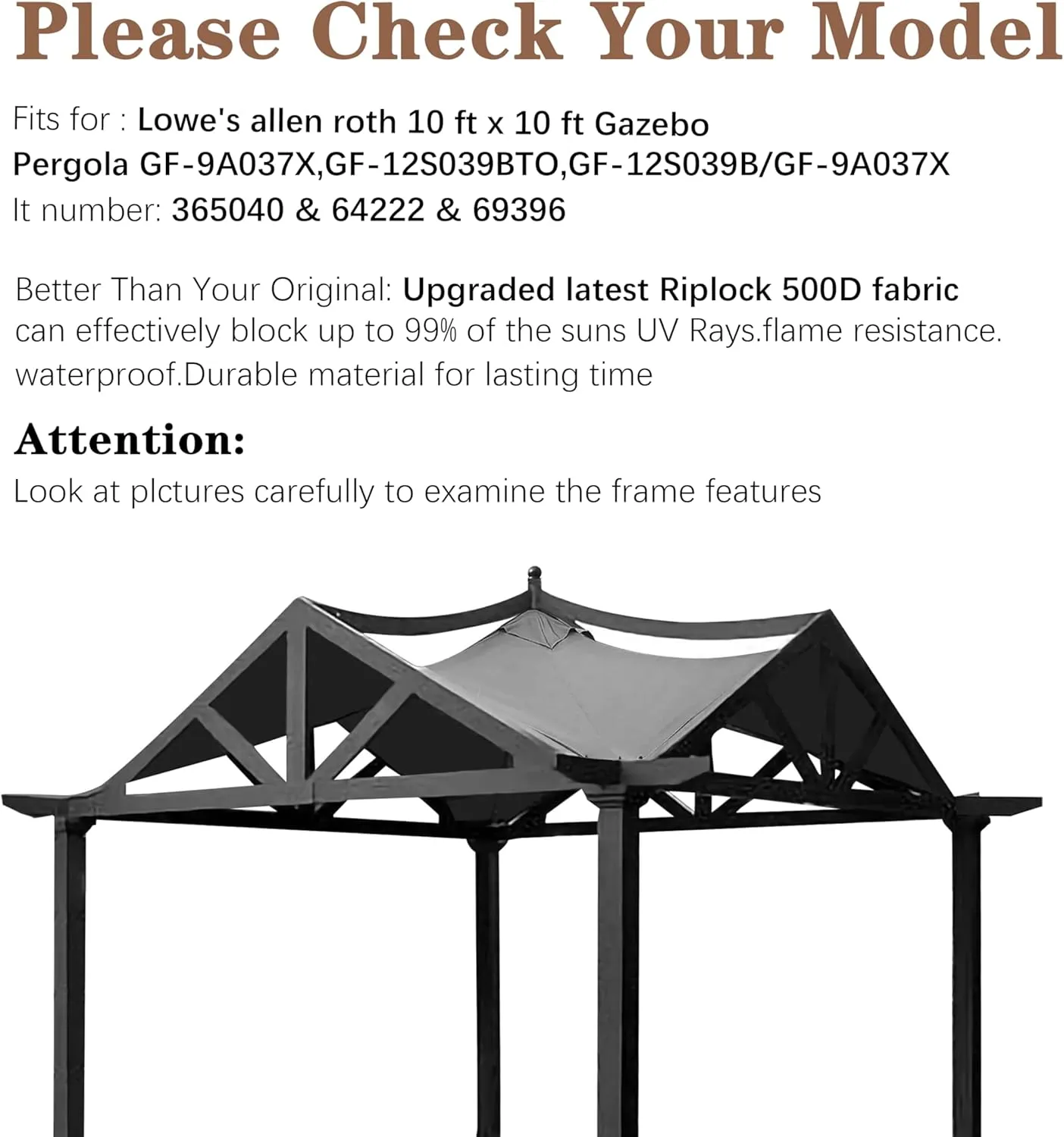 SCOCANOPY Replacement Top Fit for Lowe's Allen Roth 10X10 Ft Gazebo Model #GF-12S039B / GF-9A037X,(Gray)