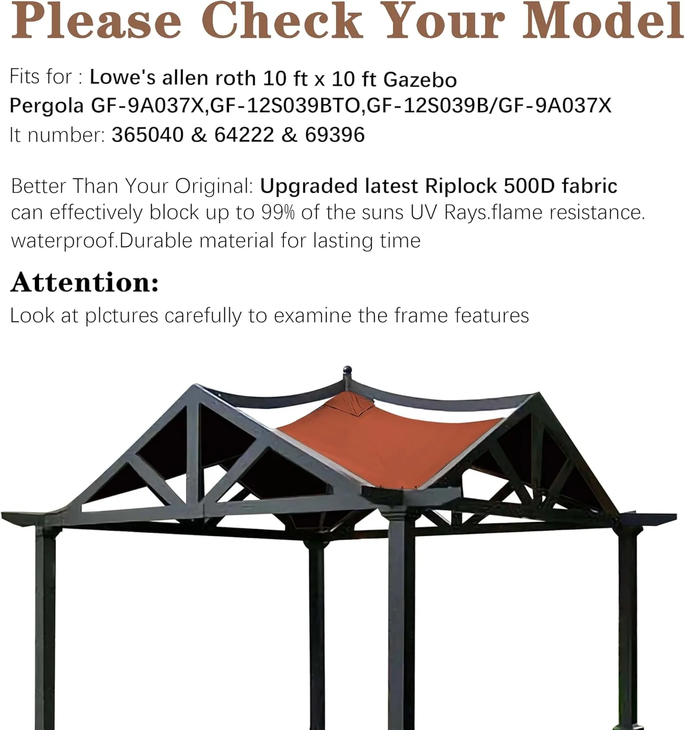 SCOCANOPY Replacement Top Fit for Lowe's Allen Roth 10X10 Ft Gazebo Model #GF-12S039B / GF-9A037X,(Rust Red)