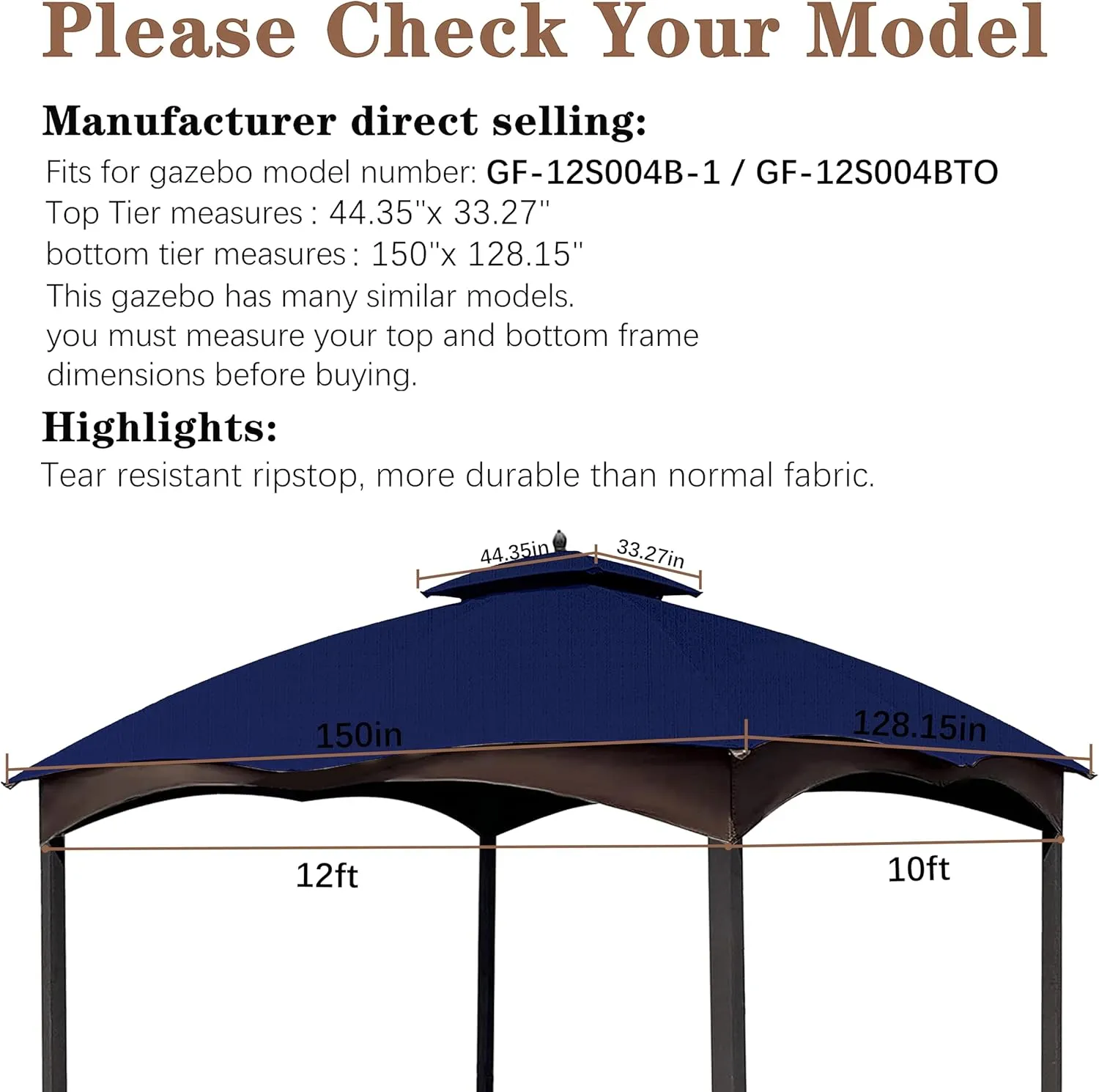 SCOCANOPY Ripstop Replacement Top for Lowe's Allen Roth 10X12 Gazebo Model #GF-12S004B-1/ GF-12S004BTO/TPGAZ17-002C，(Navy Blue)