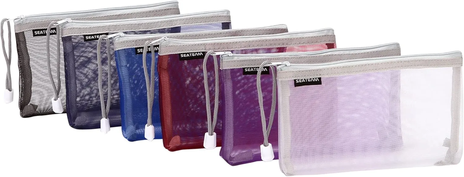 Sea Team 6pcs Multicolored Portable Travel Toiletry Pouch Nylon Mesh Cosmetic Makeup Organizer Bag with Zipper, 7.9 x 1 x 4.5 Inches, Colorful