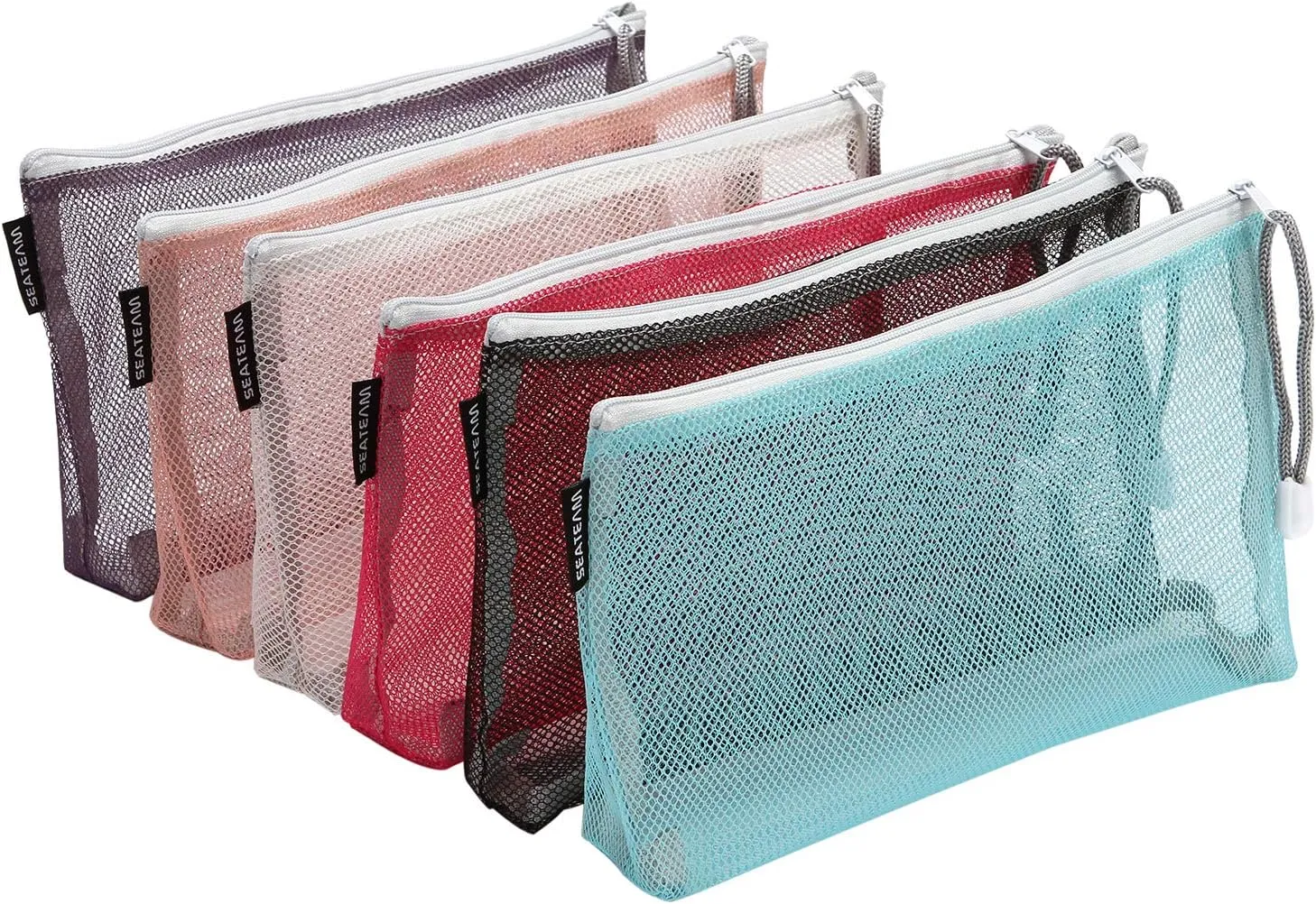 Sea Team 6pcs Multicolored Portable Travel Toiletry Pouch Nylon Mesh Cosmetic Makeup Organizer Bag with Zipper, Colorful