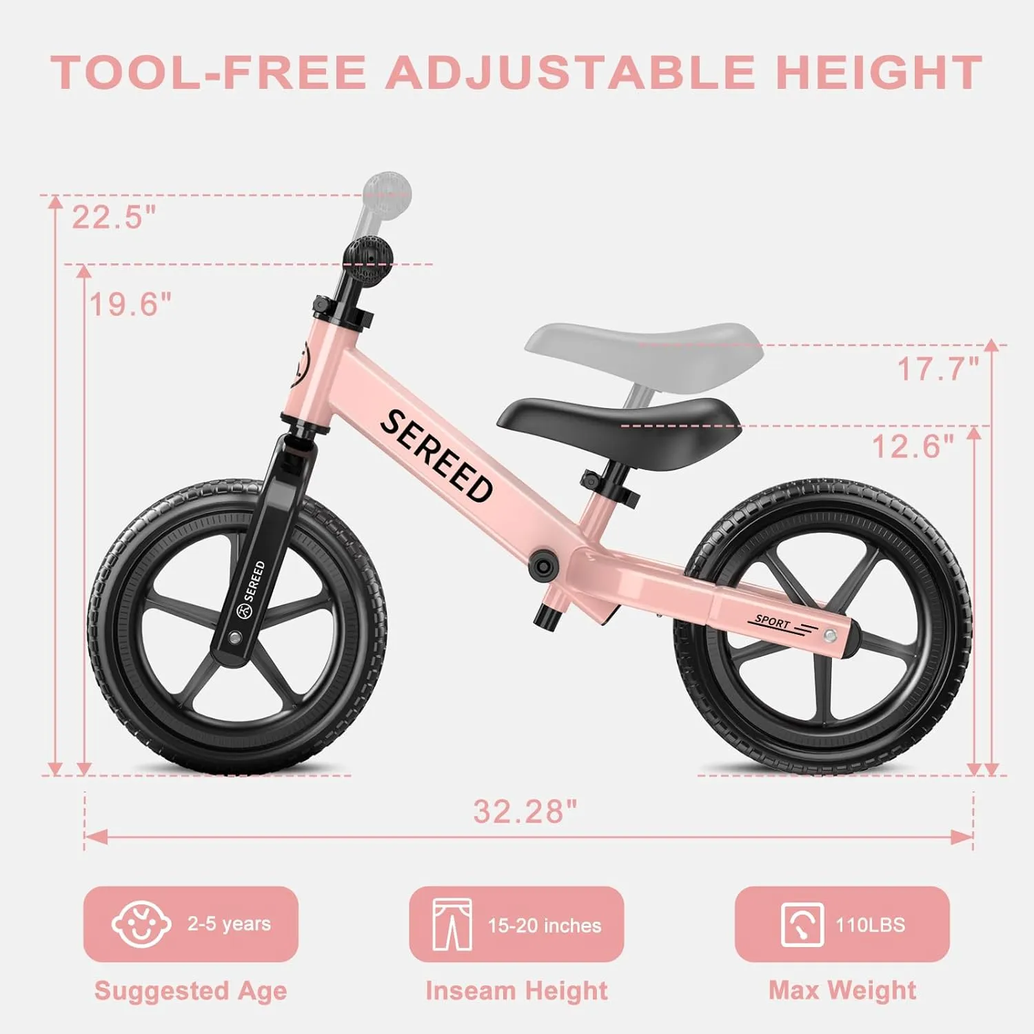 SEREED Toddler Balance Bike 2 Year Old, 12 Inch No Pedal Kids Toy Bike for 2-5 Years Old, Tool-Free Adjustment, Gift for 2-3 Girls, Customize Plate with 3pcs Stickers (Pink)