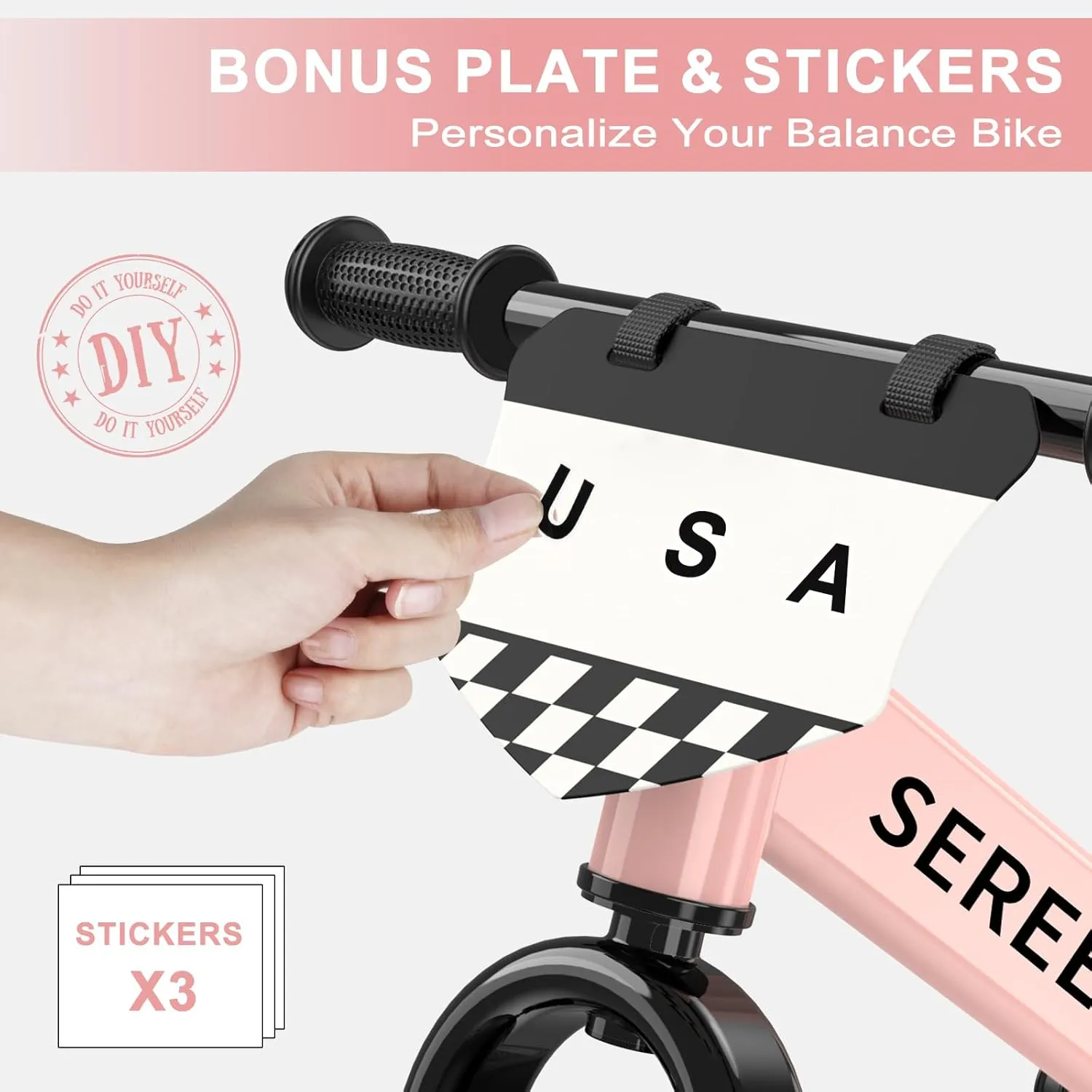 SEREED Toddler Balance Bike 2 Year Old, 12 Inch No Pedal Kids Toy Bike for 2-5 Years Old, Tool-Free Adjustment, Gift for 2-3 Girls, Customize Plate with 3pcs Stickers (Pink)